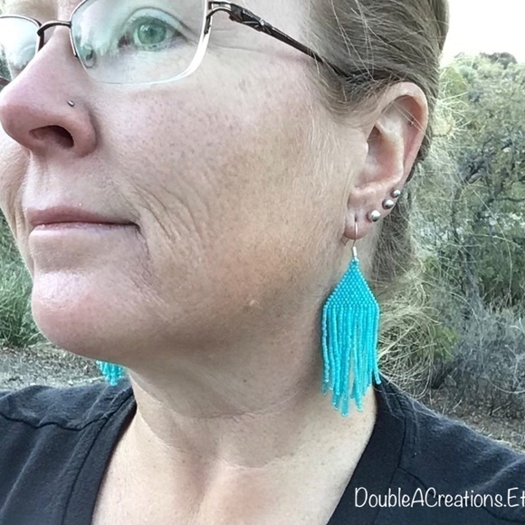 TURQUOISE Beaded Earrings with Fringe, New, Handmade by Me - Picture 7 of 7